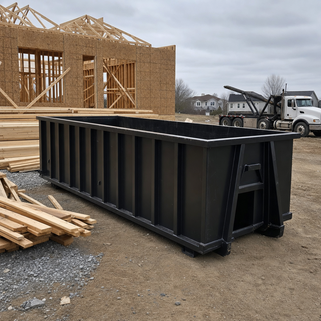 Matte-black 40-yard roll-off dumpster staged on a framed-out residential construction site in Coral Springs, framing lumber stacked nearby, hooklift delivery truck visible in the background under bright Colorado daylight
