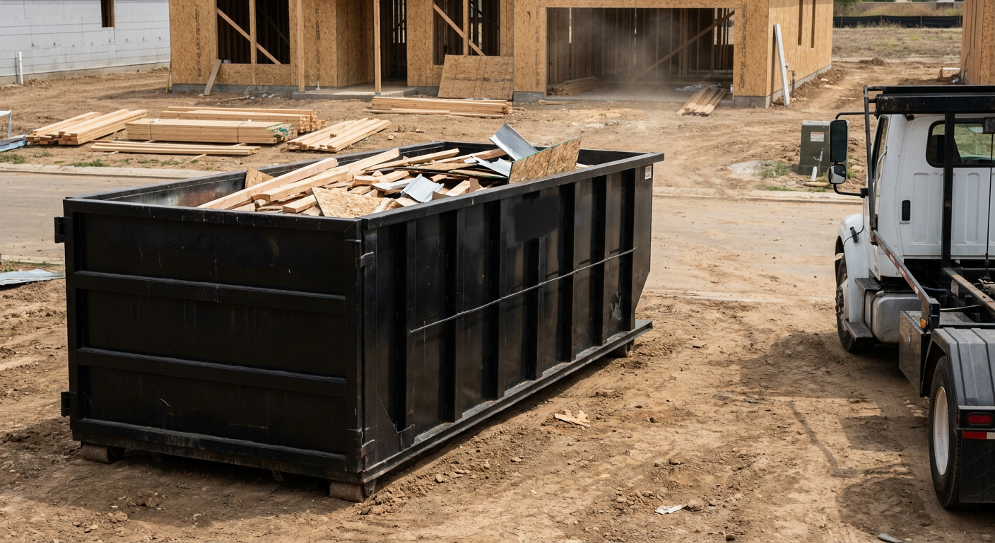 Matte-black 20-yard roll-off construction dumpster with heavy ribbed steel sidewalls and swing rear doors at a working jobsite in Coral Springs, sitting directly on compacted dirt with an unmarked white hauler partially visible at the far edge of the frame.