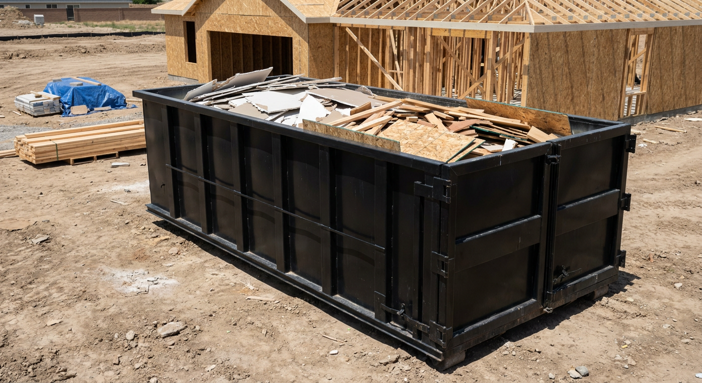 Matte-black 30-yard roll-off construction dumpster sitting directly on the compacted-dirt site of a framed single-family home build in Coral Springs, drywall and lumber scrap loaded inside.