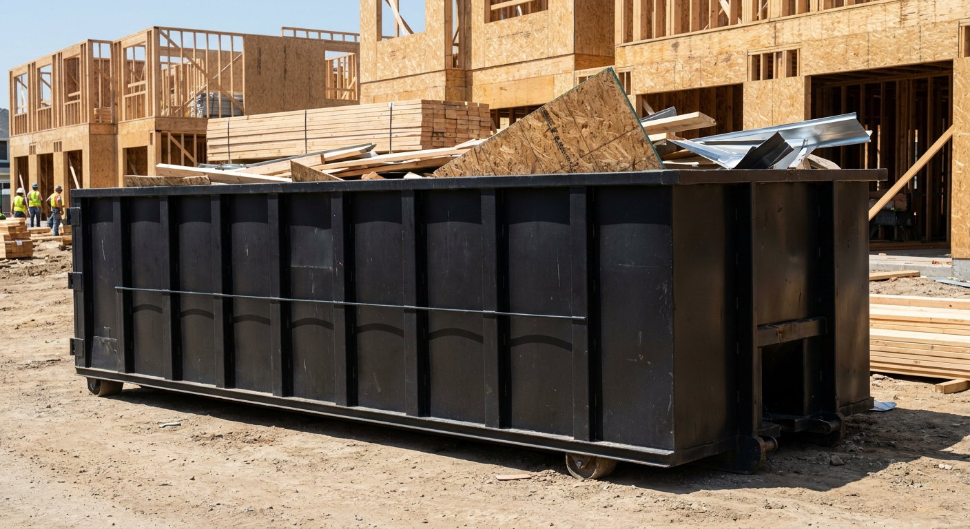 Matte-black 40-yard roll-off construction dumpster being lowered from a white-cab hooklift delivery truck onto the compacted-dirt jobsite at a commercial build site in Coral Springs