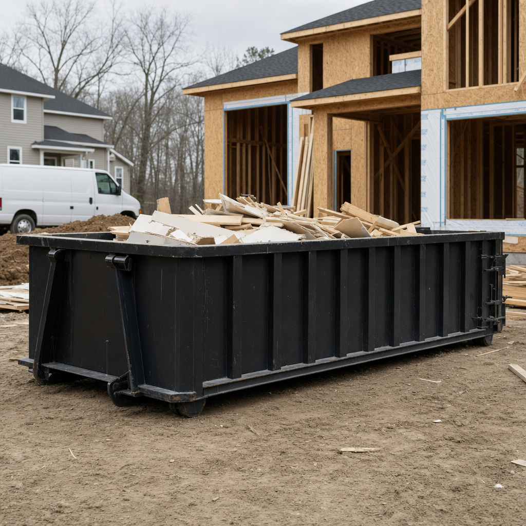 Worker in a yellow high-visibility vest tossing framing lumber and broken drywall into a matte-black 30-yard construction roll-off dumpster on an active build site in Coral Springs, bright daylight