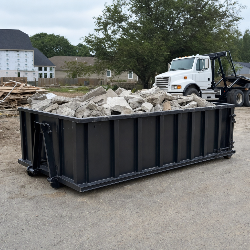 Low-profile matte-black lowboy roll-off dumpster loaded with broken concrete slab and rebar at a foundation tear-out in Coral Springs, skid steer parked beside it, sunny Colorado morning
