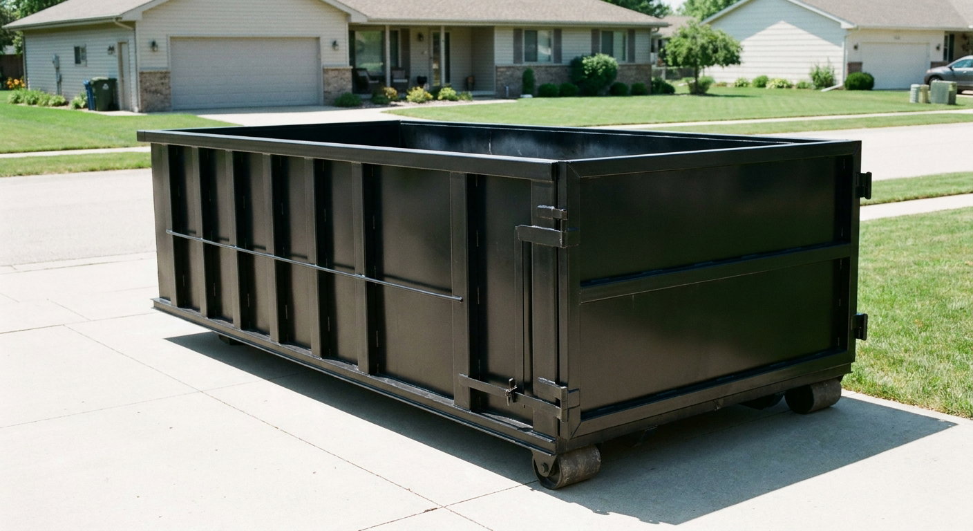 Matte-black 10-yard roll-off dumpster on a residential concrete driveway in Coral Springs, uniformly painted matte black across every panel and rail, ribbed steel sidewalls and rear swing door visible, mid-day daylight.