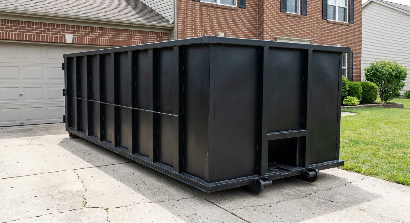 Matte-black 20-yard roll-off container on a Coral Springs residential concrete driveway with reinforced ribbed steel sidewalls and a hinged rear walk-in door, clean bright daylight.