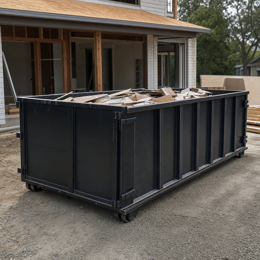 Large matte-black 30-yard construction roll-off dumpster at an active Coral Springs jobsite, steel-gray top rails and bottom rollers visible, loaded with construction debris.