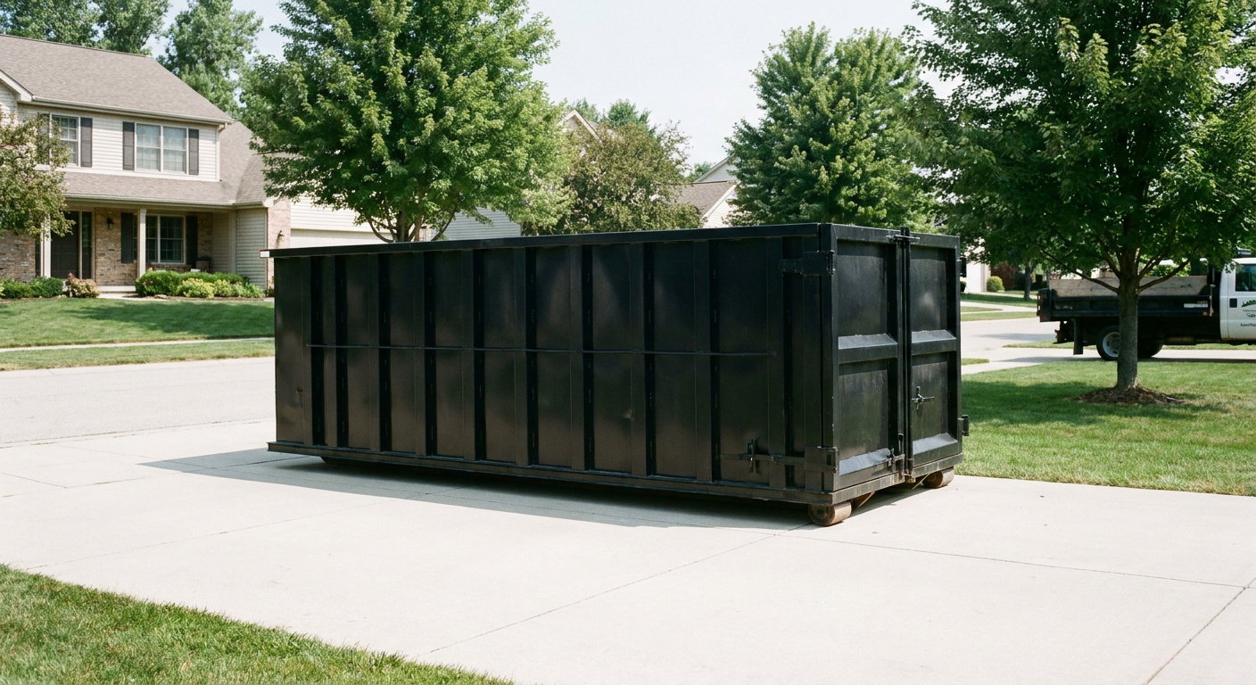 Matte-black 20-yard roll-off dumpster sitting level on a clean Coral Springs residential concrete driveway under bright daylight, demonstrating clean placement directly on the concrete.