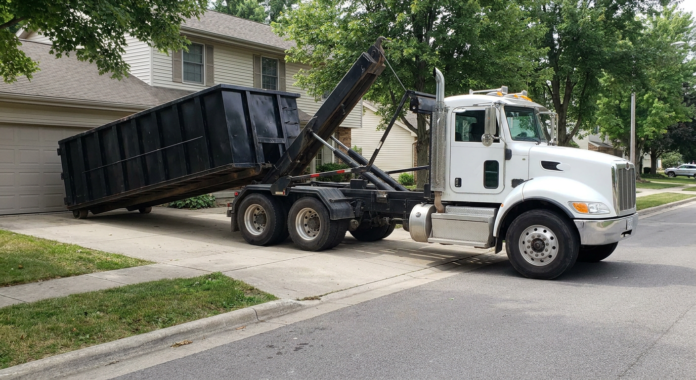 White-cab hooklift roll-off truck actively lowering a matte-black dumpster onto a Coral Springs residential concrete driveway, the dumpster's rear wheels touching the driveway as the hoist arm tilts the bed forward, mid-morning daylight.