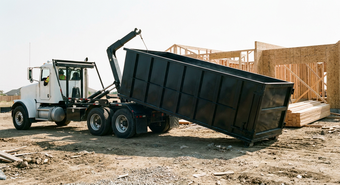 Matte-black roll-off dumpster being delivered onto a clean residential concrete driveway in Coral Springs by an unmarked white hooklift hauler truck, bright morning daylight, documentary 35mm perspective.