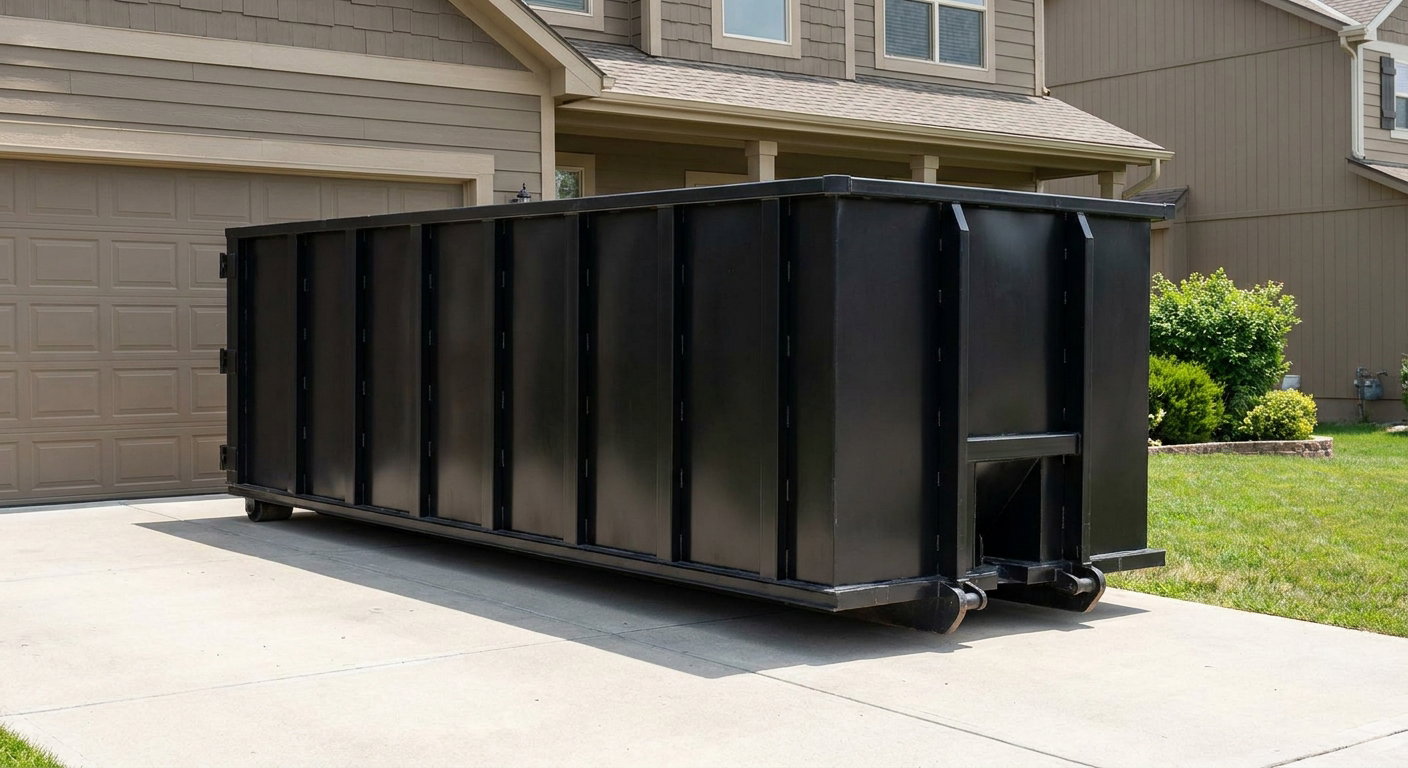 Matte-black residential roll-off dumpster sitting directly on a suburban Coral Springs concrete driveway, garage door closed, single-family home in background, bright morning daylight.