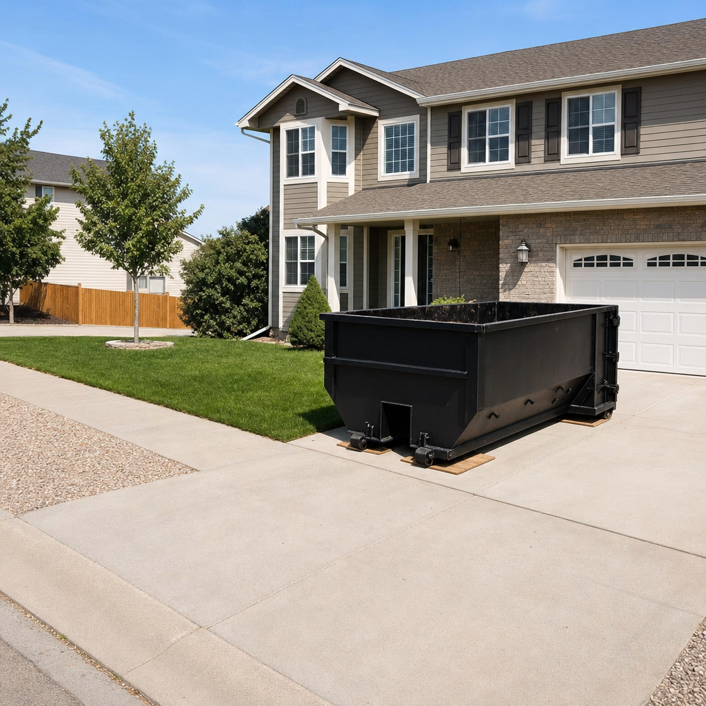 10-yard matte-black residential dumpster placed directly on a narrow Coral Springs concrete driveway, room remains for a parked sedan beside it, mid-morning natural light