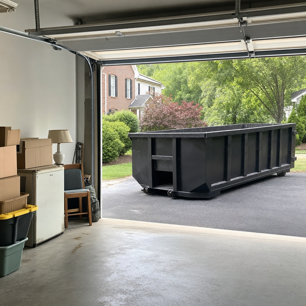 Open garage interior in a Coral Springs home mid-cleanout — boxed items, an old appliance, and stacked yard tools queued near the driveway for a matte-black roll-off dumpster, organized and calm