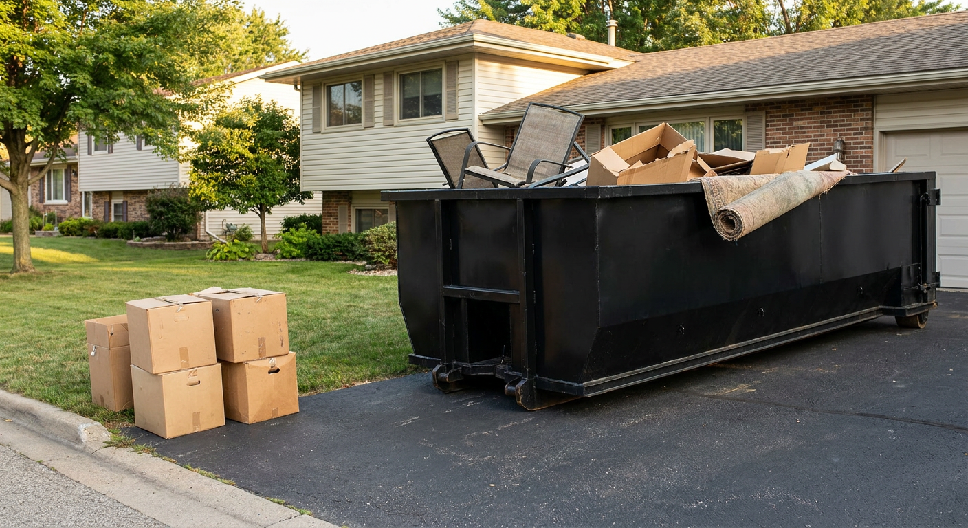 Front-yard view of a Coral Springs split-level home with a 20-yard matte-black roll-off dumpster sitting directly on the asphalt driveway, a few clearly labeled donation boxes staged at the curb, calm sunny afternoon.