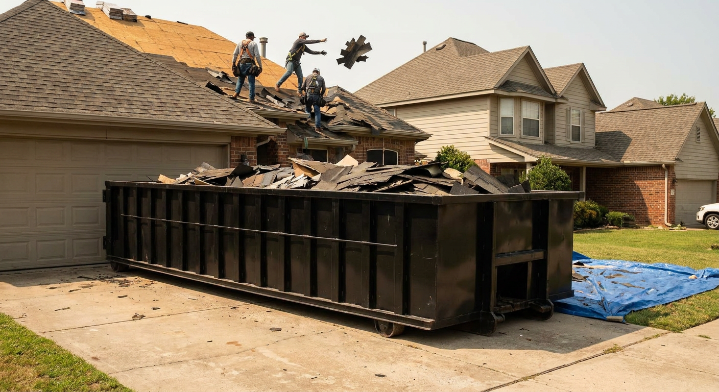 Matte-black roofing roll-off dumpster placed directly on a Coral Springs residential concrete driveway, a tear-off crew on a two-story asphalt-shingle roof tossing shingle bundles into the low-walled container, bright daylight, documentary 35mm perspective.