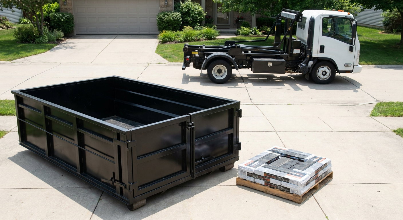 Matte-black 15-yard roofing roll-off dumpster with reinforced low side walls sitting directly on a Coral Springs residential concrete driveway, three-tab asphalt shingle bundles stacked nearby, an unmarked white hauler truck partially visible at the edge of the frame.