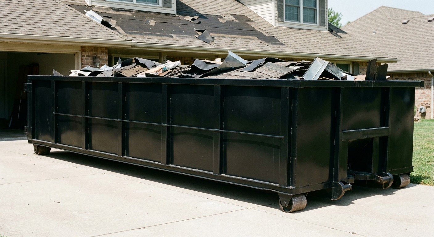 Matte-black 20-yard roofing roll-off dumpster with steel ribbed sides and swinging rear door, sitting directly on the concrete driveway of a two-story Coral Springs home, asphalt shingle debris being loaded over the low wall, clean documentary lighting.