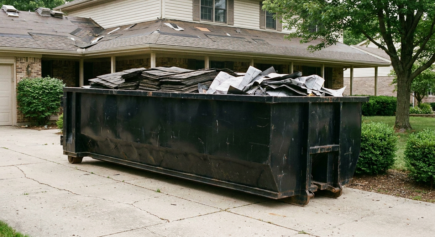 Matte-black 30-yard roofing roll-off dumpster sitting directly on a Coral Springs concrete driveway, taller ribbed steel side panels, mixed tear-off debris of asphalt shingles and underlayment inside, professional documentary daylight.