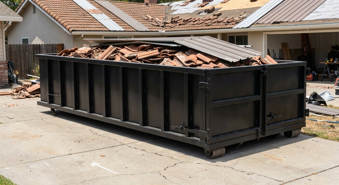 Matte-black low-wall heavy-debris roofing roll-off dumpster sitting directly on a Coral Springs concrete driveway, broken concrete clay roof tiles and metal panel sections loaded inside, reinforced ribbed steel side walls visible, bright outdoor daylight.