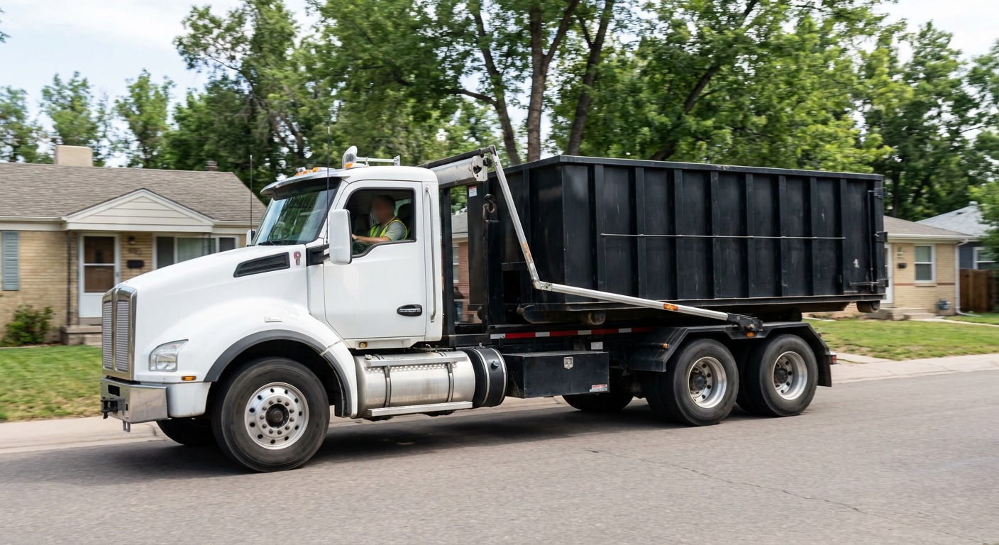 A wide documentary shot of a matte-black roll-off delivery truck pulling onto a quiet Coral Springs residential street at mid-morning, with neighborhood rooftops and tree-lined blocks visible behind, showing the metro coverage footprint.