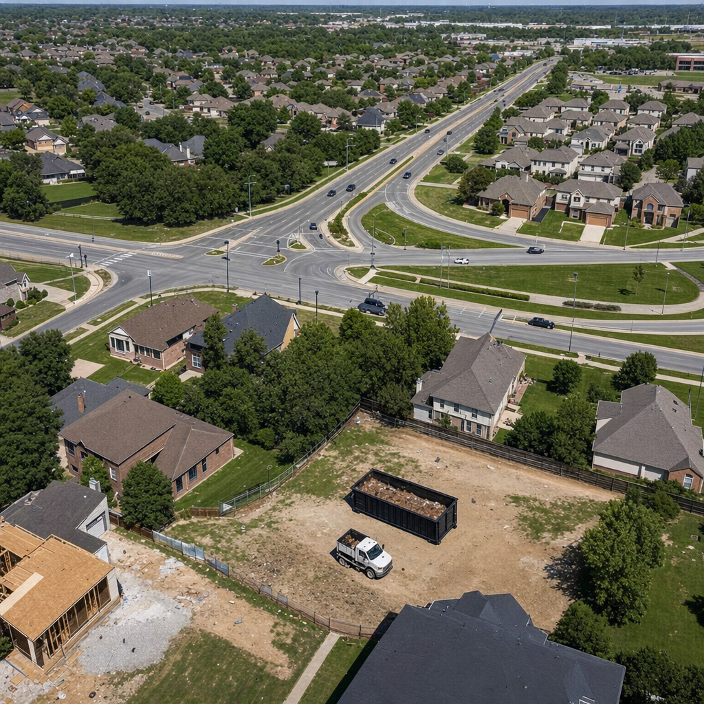 An overhead documentary view of the Coral Springs metro area at midday, showing the spread of neighborhoods, arterial roads, and the dispatch radius from a central yard — clean daylight, organized geographic layout.