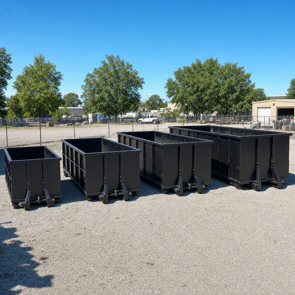 A clean lineup of matte-black roll-off dumpsters in 10, 20, 30, and 40-yard sizes staged on a sunlit gravel yard in Coral Springs, showing the size progression from compact to commercial-scale containers.