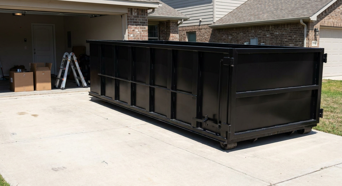 A matte-black 10-yard roll-off dumpster sitting directly on a residential Coral Springs concrete driveway, mid-day sunlight, clean and ready for a garage cleanout.