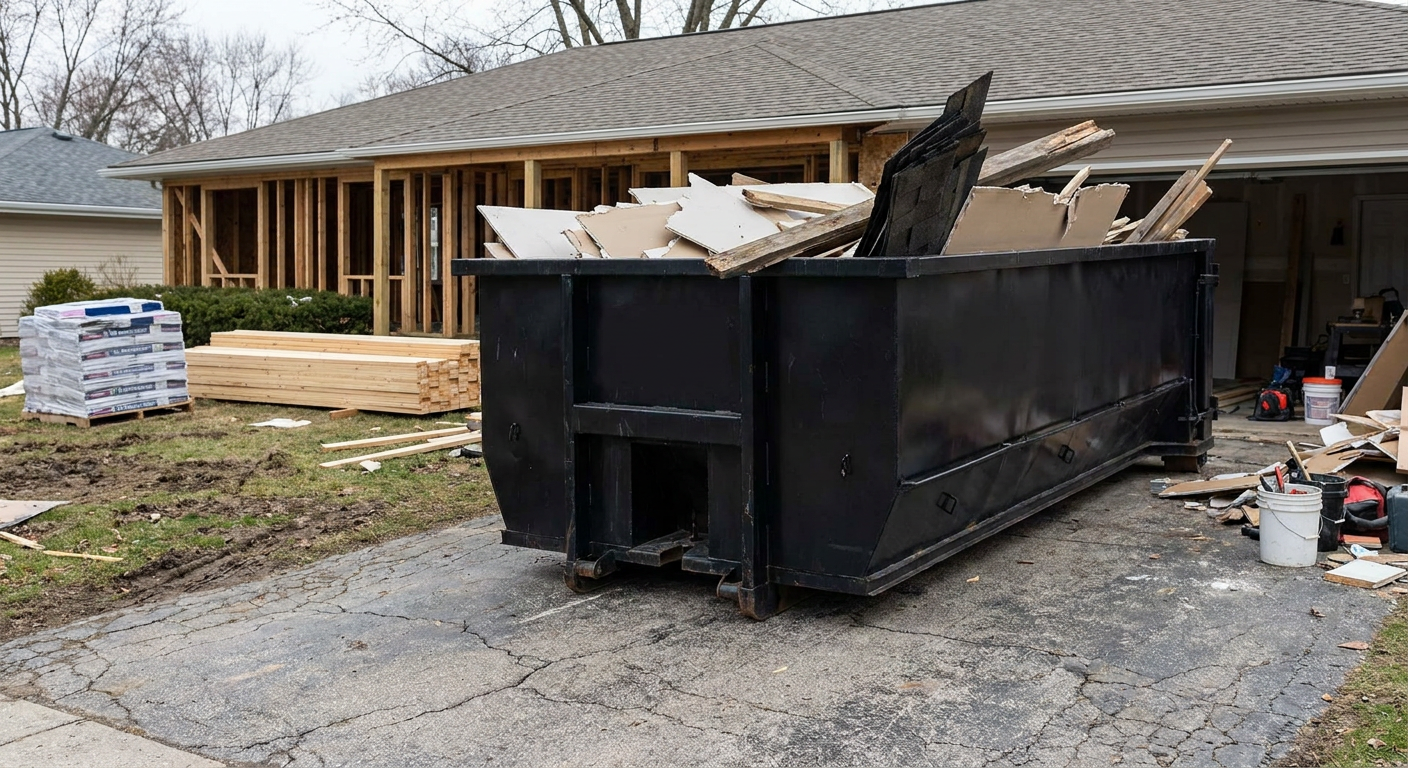 A matte-black 20-yard roll-off dumpster placed alongside a mid-renovation Coral Springs home directly on the asphalt driveway, with framing materials and torn-off shingles staged neatly nearby.