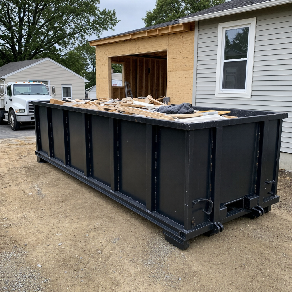 A matte-black 30-yard roll-off dumpster positioned at a Coral Springs residential addition jobsite, with framing lumber and drywall scraps loaded through the open swinging rear doors.