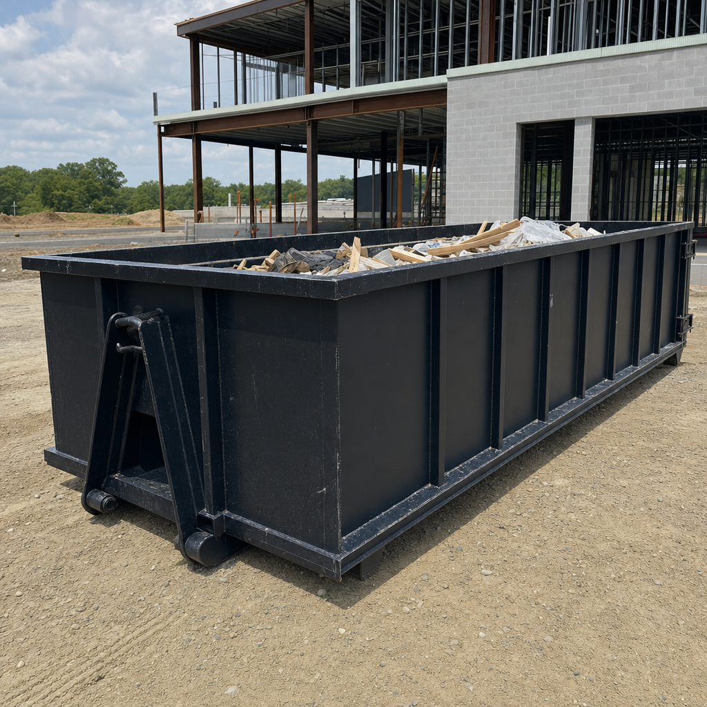 A matte-black 40-yard roll-off dumpster staged on a large Coral Springs commercial construction lot, with a hooklift delivery truck parked alongside under bright midday sky.
