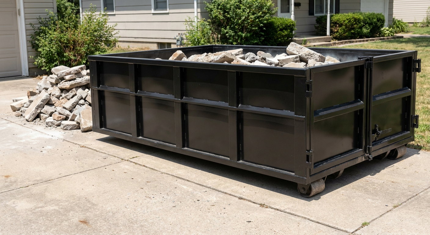 A matte-black low-side heavy-debris roll-off dumpster placed directly on a Coral Springs concrete driveway, with broken concrete chunks neatly stacked beside it under clean daylight.